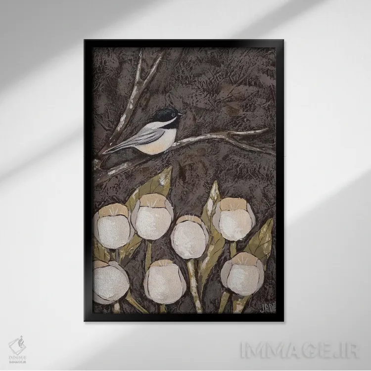 تابلو مدرن چیکادی و لاله ها I اثر جید رینولدز - نمای قابدار مشکی