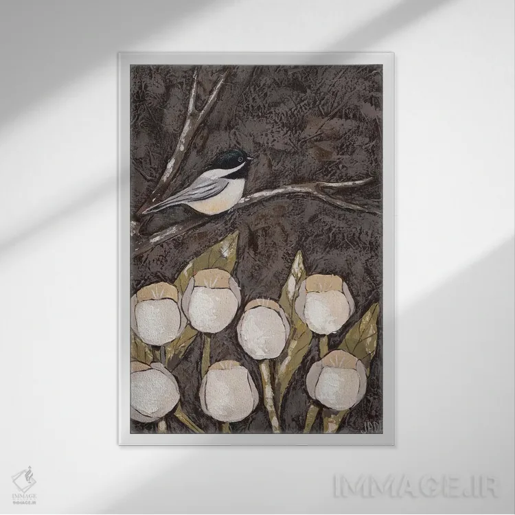 تابلو مدرن چیکادی و لاله ها I اثر جید رینولدز - نمای قابدار سفید