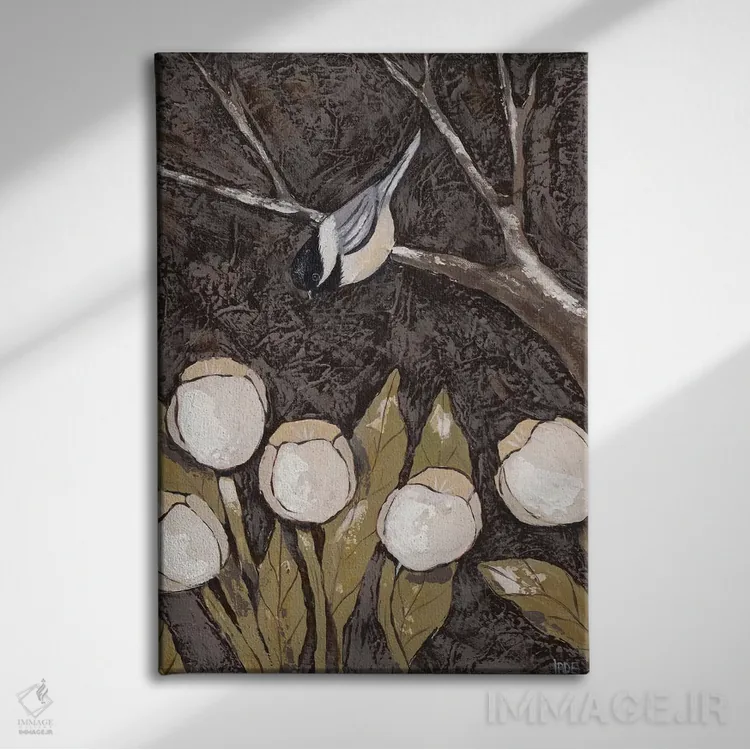 تابلو مدرن چیکادی و لاله ها II اثر جید رینولدز - نمای روبهرو روی دیوار