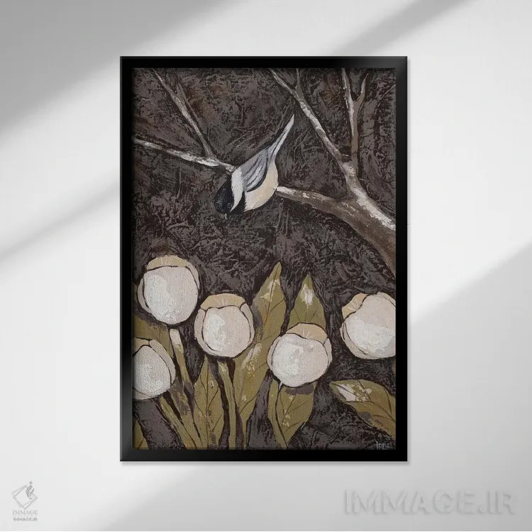 تابلو مدرن چیکادی و لاله ها II اثر جید رینولدز - نمای قابدار مشکی