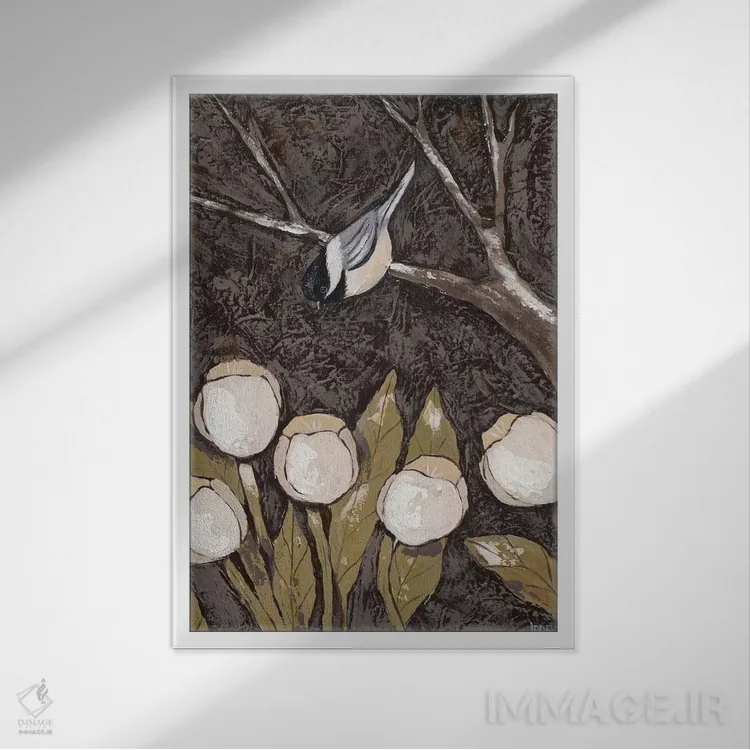 تابلو مدرن چیکادی و لاله ها II اثر جید رینولدز - نمای قابدار سفید