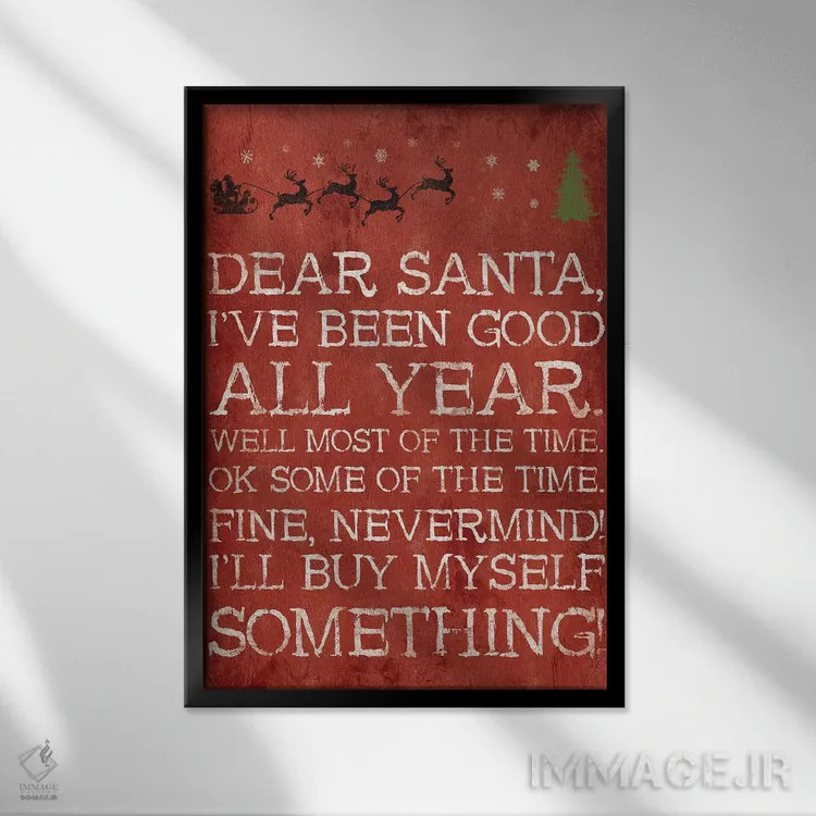 تابلو دکوراتیو بابانوئل عزیز بی خیال قرمز اثر جیس گری - نمای قابدار مشکی