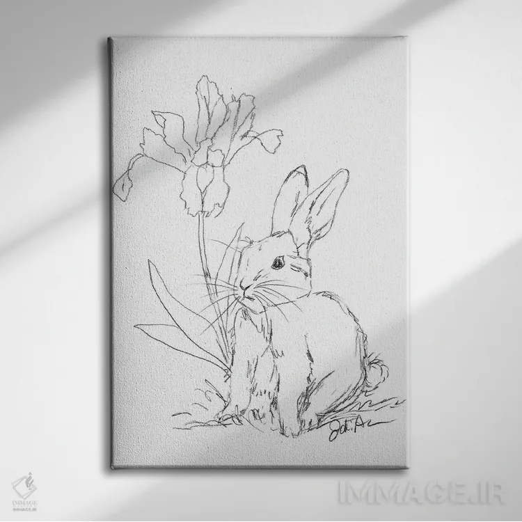 تابلو مدرن طرح خرگوش با گل زنبق اثر جودی آگوستین - نمای روبهرو روی دیوار