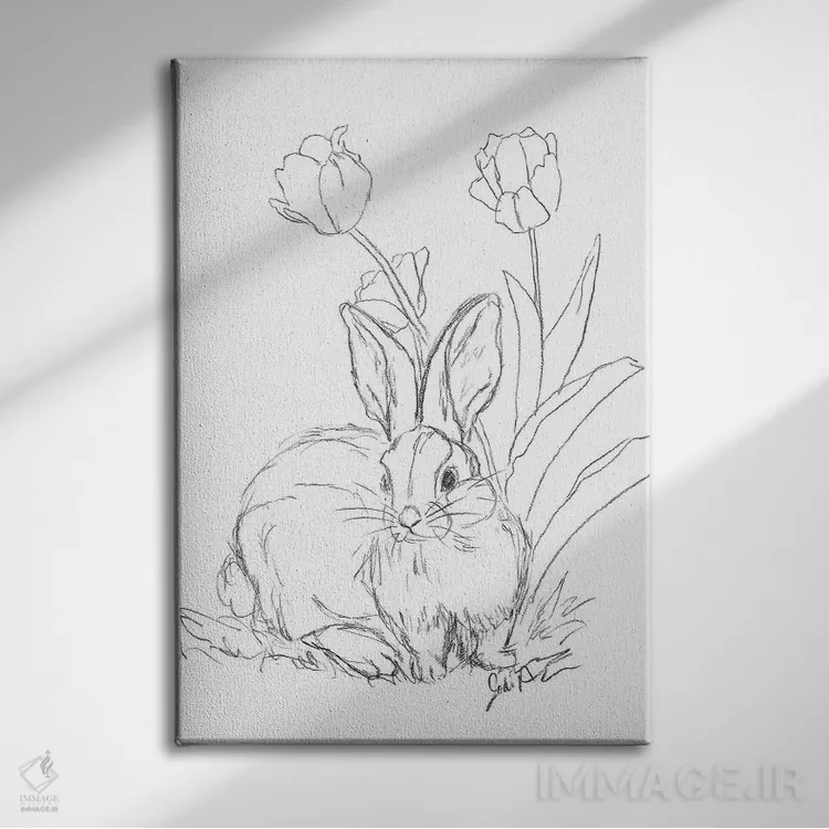 تابلو مدرن طرح خرگوش با گل لاله اثر جودی آگوستین - نمای روبهرو روی دیوار