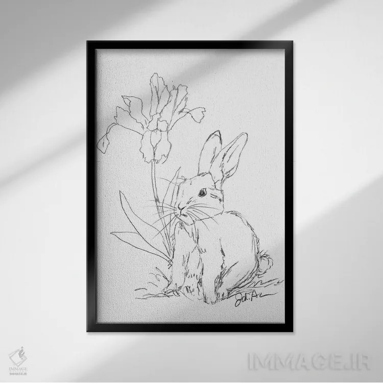 تابلو مدرن طرح خرگوش با گل زنبق اثر جودی آگوستین - نمای قابدار مشکی