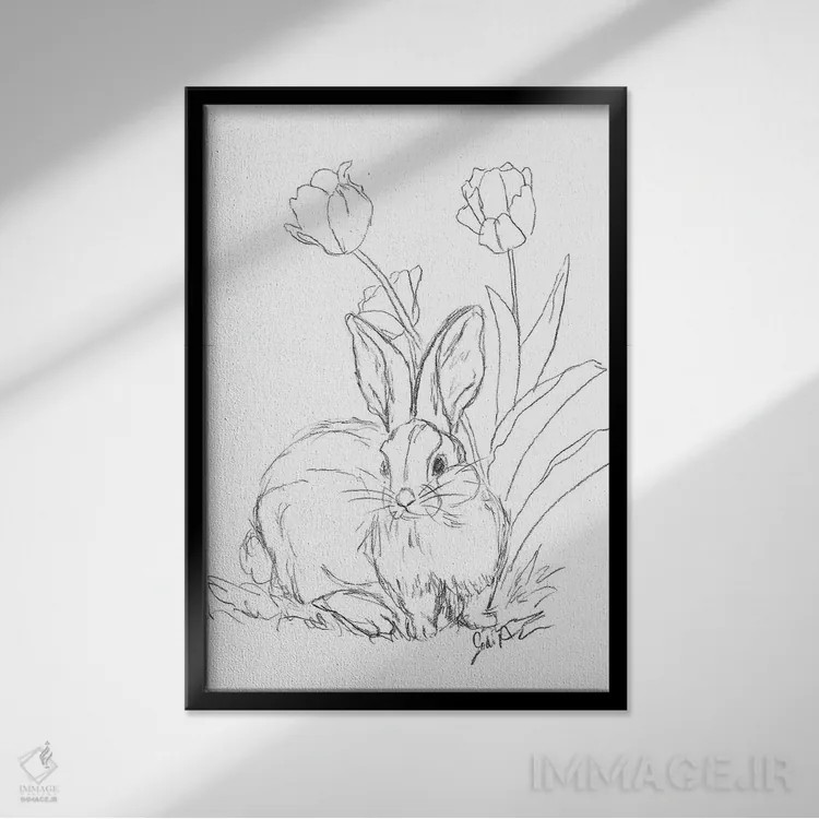 تابلو مدرن طرح خرگوش با گل لاله اثر جودی آگوستین - نمای قابدار مشکی