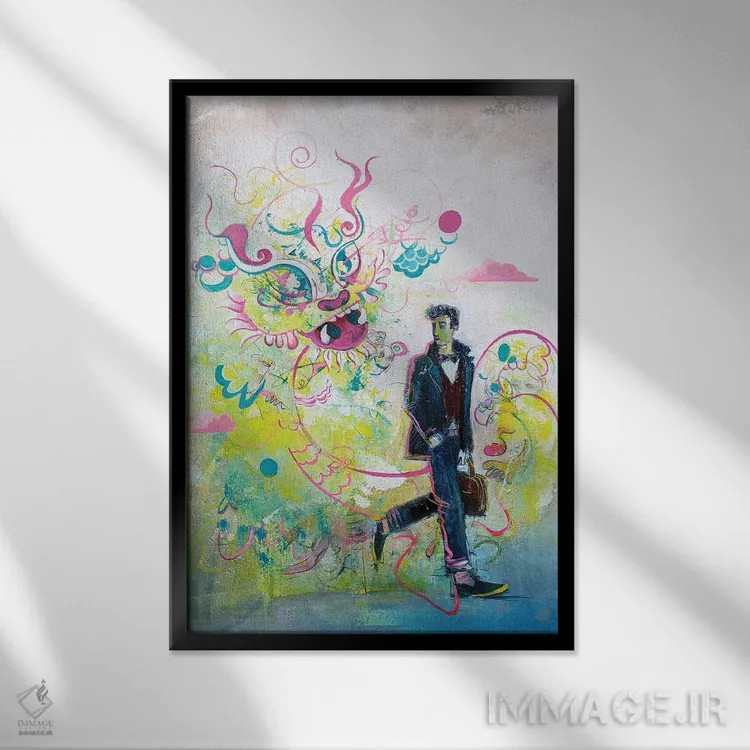 تابلو انتزاعی اتفاق خنده داری در راه رخ داد اثر جک آوتیسیان - نمای قابدار مشکی