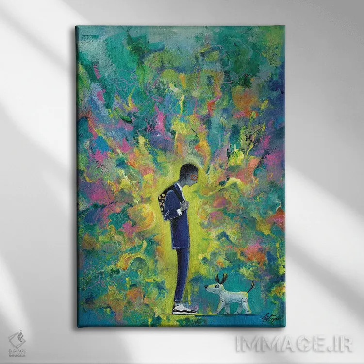 تابلو دکوراتیو جوانی با سگ رباتی اثر جک آوتیسیان - نمای روبهرو روی دیوار