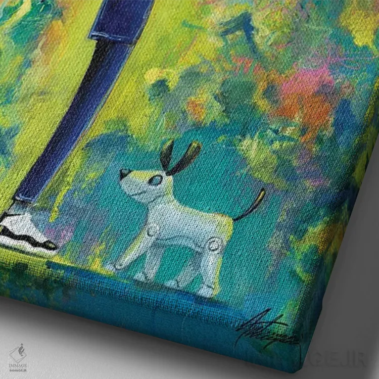 تابلو دکوراتیو جوانی با سگ رباتی اثر جک آوتیسیان - نمای نزدیک بافت بوم