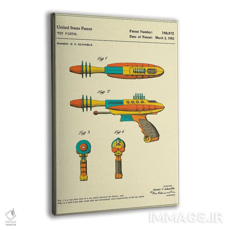 تابلو دکوراتیو حق اختراع تپانچه اسباب بازی "پایروتومیک دیس اینتگریتور" جی.… اثر جازبری بلو - نمای پرسپکتیو محصول