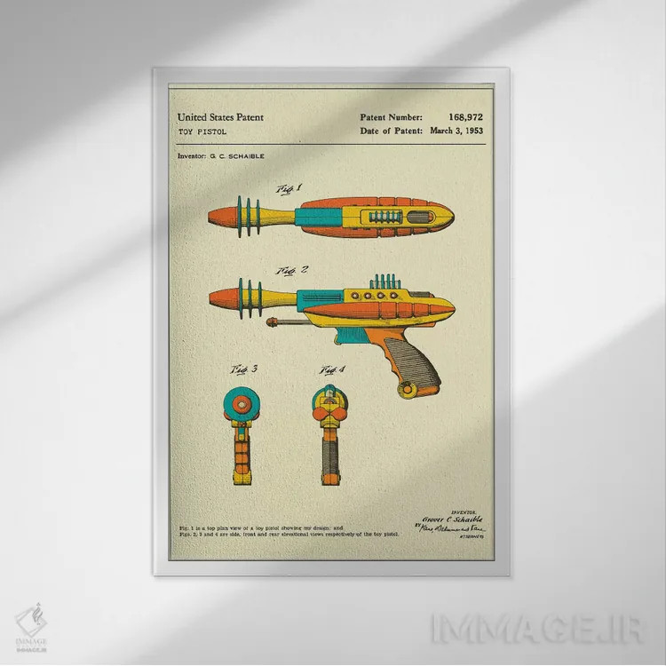 تابلو دکوراتیو حق اختراع تپانچه اسباب بازی "پایروتومیک دیس اینتگریتور" جی.… اثر جازبری بلو - نمای قابدار سفید