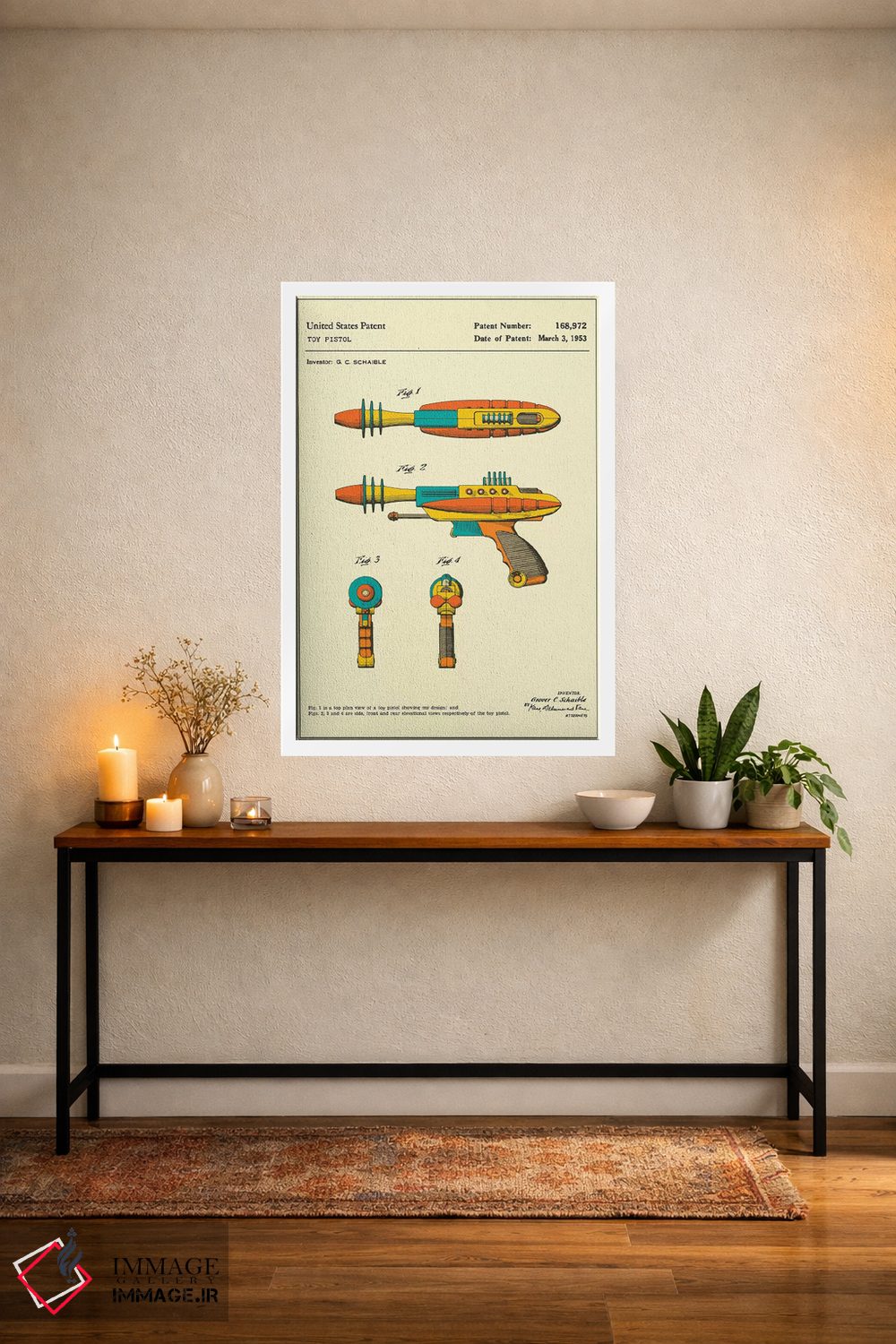 تابلو دکوراتیو حق اختراع تپانچه اسباب بازی "پایروتومیک دیس اینتگریتور" جی.… اثر جازبری بلو - D3W