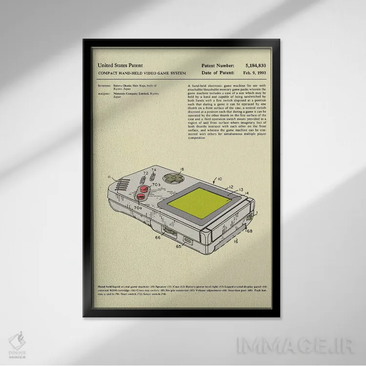 تابلو دکوراتیو حق اختراع سیستم بازی ویدئویی دستی کم حجم "گیم بوی" ساتورو او… اثر جازبری بلو - نمای قابدار مشکی