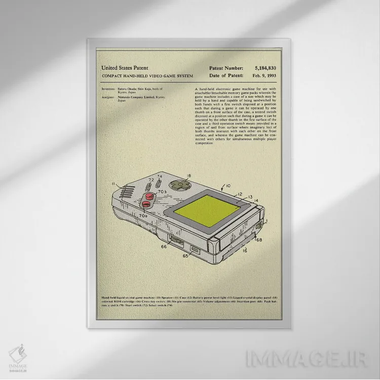 تابلو دکوراتیو حق اختراع سیستم بازی ویدئویی دستی کم حجم "گیم بوی" ساتورو او… اثر جازبری بلو - نمای قابدار سفید