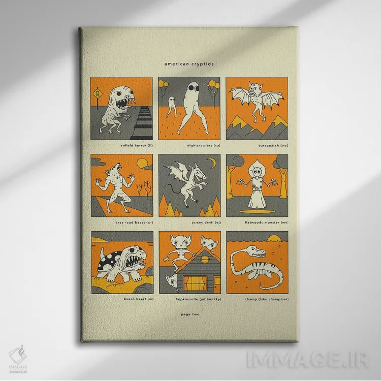 تابلو دکوراتیو موجودات ناشناخته آمریکایی صفحه II اثر جازبری بلو - نمای روبهرو روی دیوار