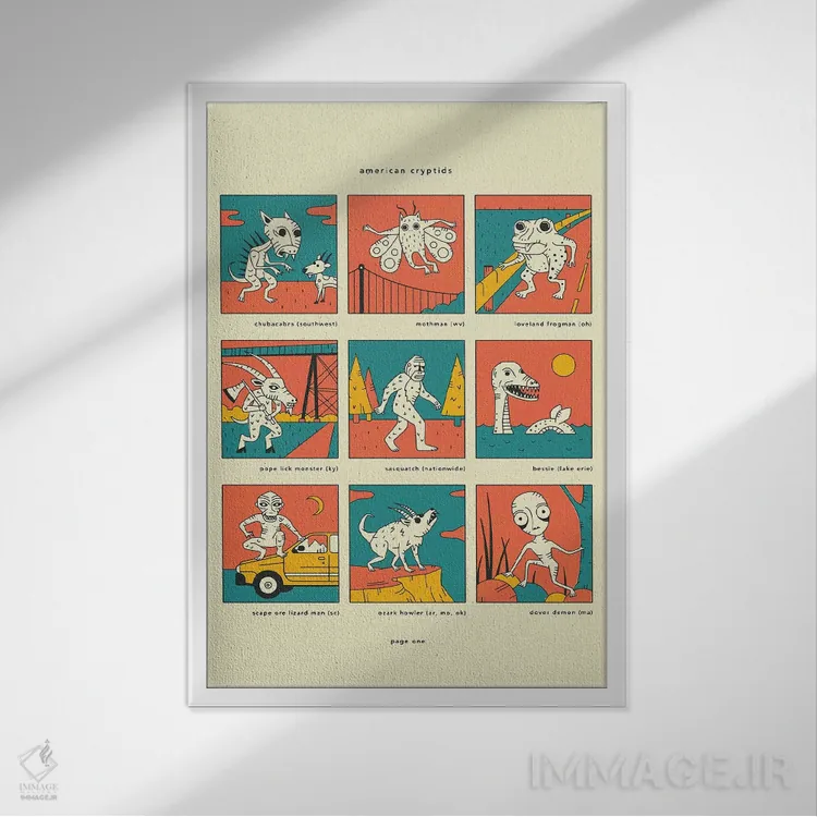 تابلو دکوراتیو موجودات ناشناخته آمریکایی صفحه I اثر جازبری بلو - نمای قابدار سفید