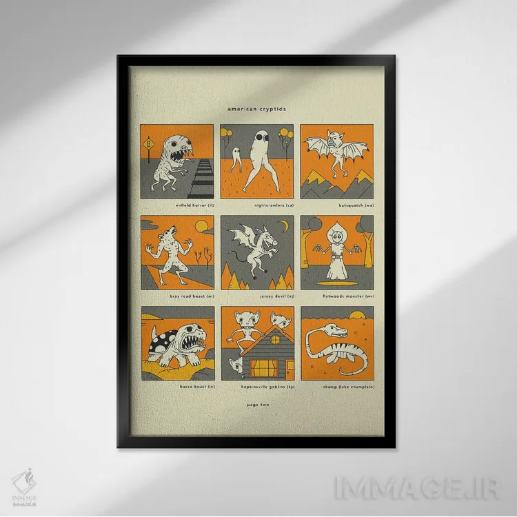 تابلو دکوراتیو موجودات ناشناخته آمریکایی صفحه II اثر جازبری بلو - نمای قابدار مشکی