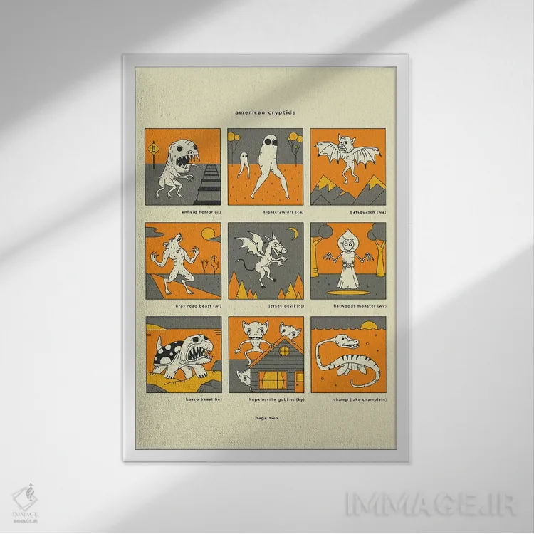 تابلو دکوراتیو موجودات ناشناخته آمریکایی صفحه II اثر جازبری بلو - نمای قابدار سفید