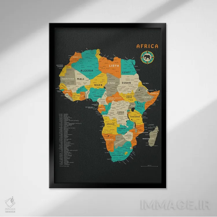 تابلو دکوراتیو نقشه قاره آفریقا اثر جازبری بلو - نمای قابدار مشکی