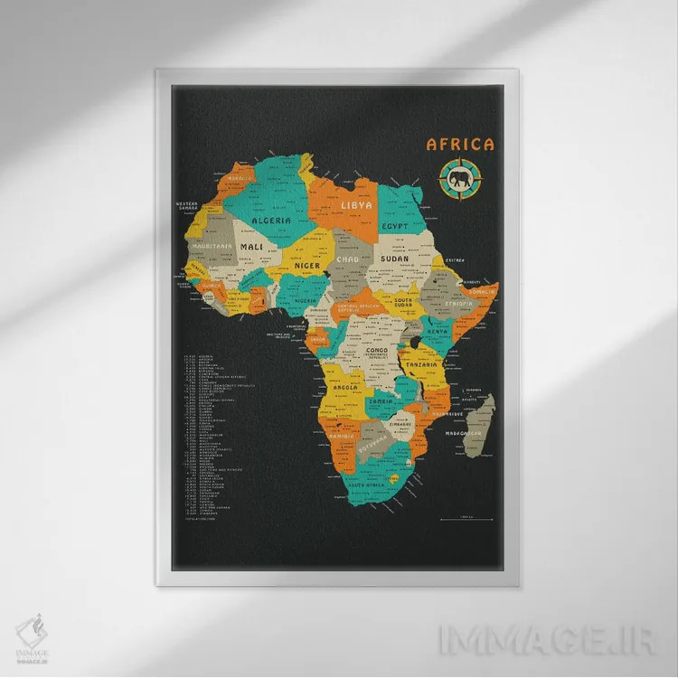 تابلو دکوراتیو نقشه قاره آفریقا اثر جازبری بلو - نمای قابدار سفید