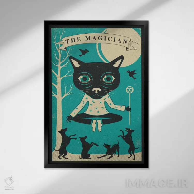تابلو مدرن گربه جادوگر کارت تاروت اثر جازبری بلو - نمای قابدار مشکی