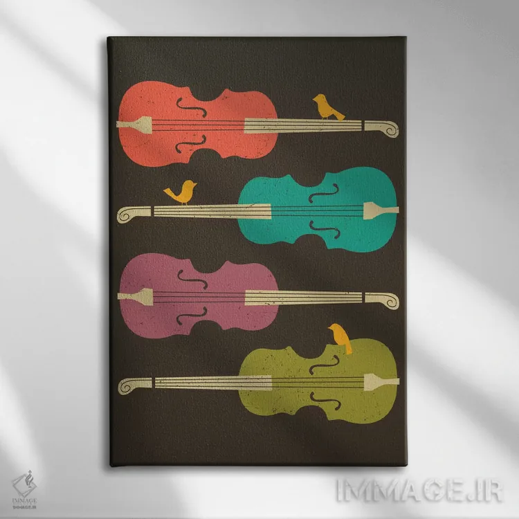 تابلو مدرن پرندگان روی سیم ویولنسل اثر جازبری بلو - نمای روبهرو روی دیوار