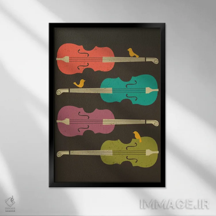 تابلو مدرن پرندگان روی سیم ویولنسل اثر جازبری بلو - نمای قابدار مشکی