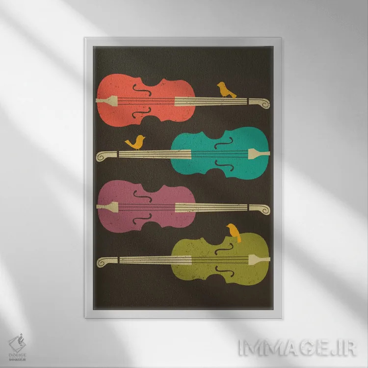 تابلو مدرن پرندگان روی سیم ویولنسل اثر جازبری بلو - نمای قابدار سفید