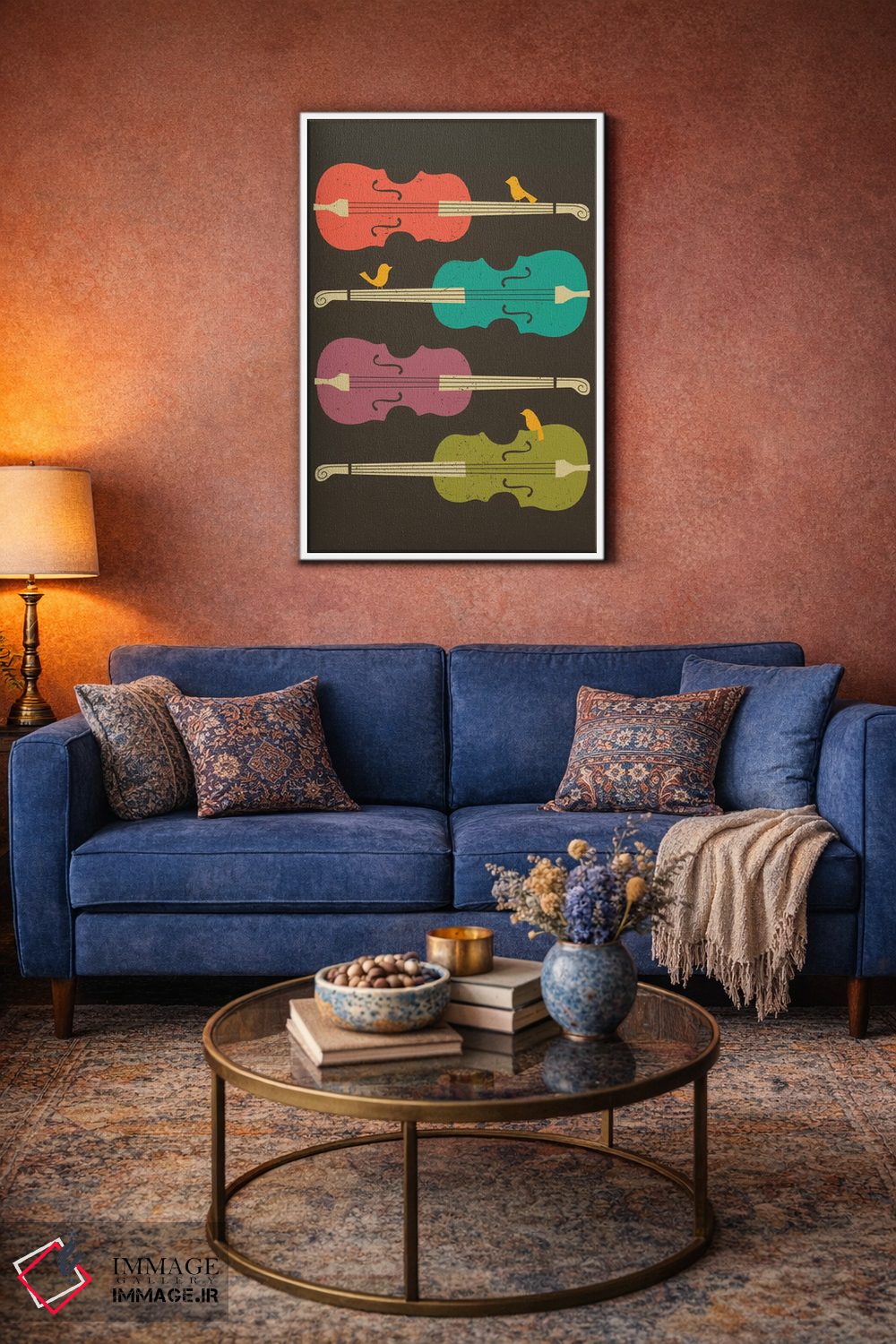 تابلو مدرن پرندگان روی سیم ویولنسل اثر جازبری بلو - D3W