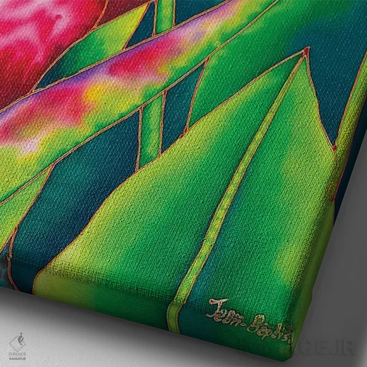 تابلو دکوراتیو هلکونیای قرمز اثر دنیل ژان-باپتیست - نمای نزدیک بافت بوم