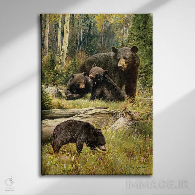 تابلو دکوراتیو خانواده خرس سیاه اثر گرگ جوردانو - نمای روبهرو روی دیوار