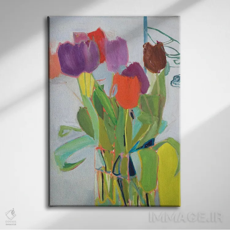 تابلو انتزاعی لاله ها و دو خودرو اثر جسیکا سینگرمن - نمای روبهرو روی دیوار