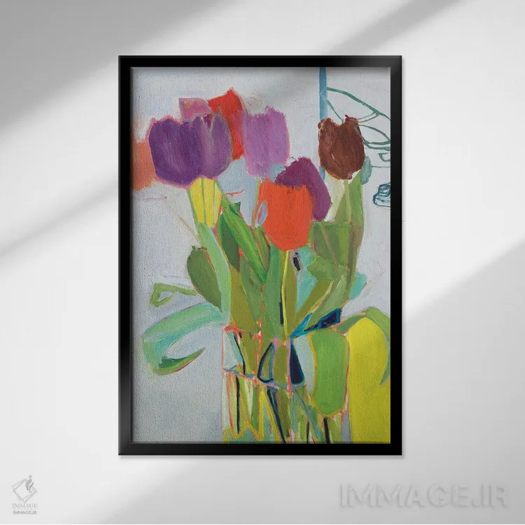 تابلو انتزاعی لاله ها و دو خودرو اثر جسیکا سینگرمن - نمای قابدار مشکی