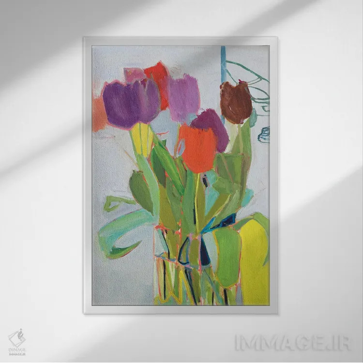 تابلو انتزاعی لاله ها و دو خودرو اثر جسیکا سینگرمن - نمای قابدار سفید