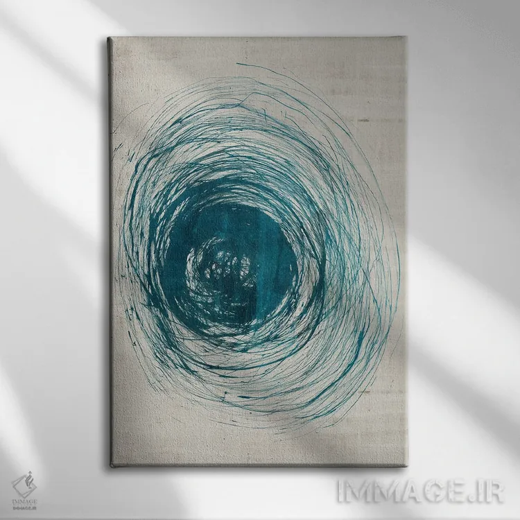 تابلو انتزاعی چرخش های سبزآبی اثر جیکوب کیو - نمای روبهرو روی دیوار