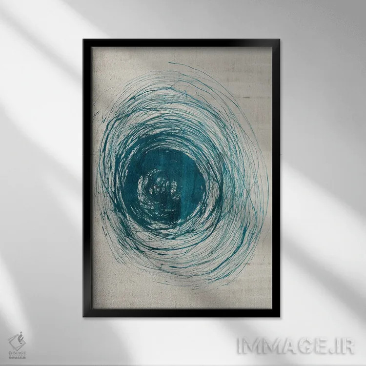 تابلو انتزاعی چرخش های سبزآبی اثر جیکوب کیو - نمای قابدار مشکی