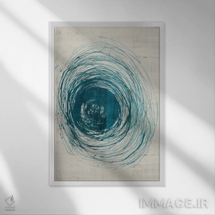 تابلو انتزاعی چرخش های سبزآبی اثر جیکوب کیو - نمای قابدار سفید