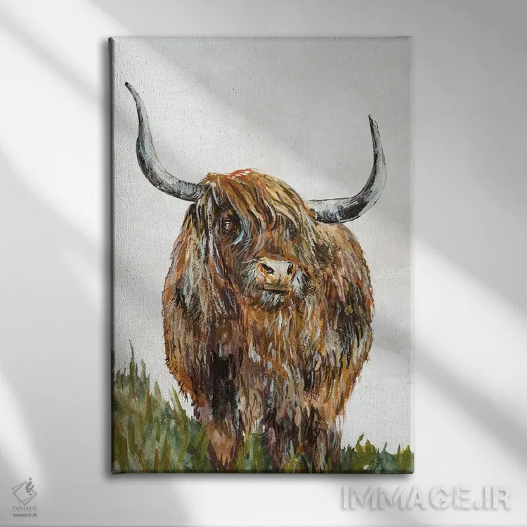 تابلو مدرن گاو قهوه ای مناطق مرتفع اثر جیکوب کیو - نمای روبهرو روی دیوار