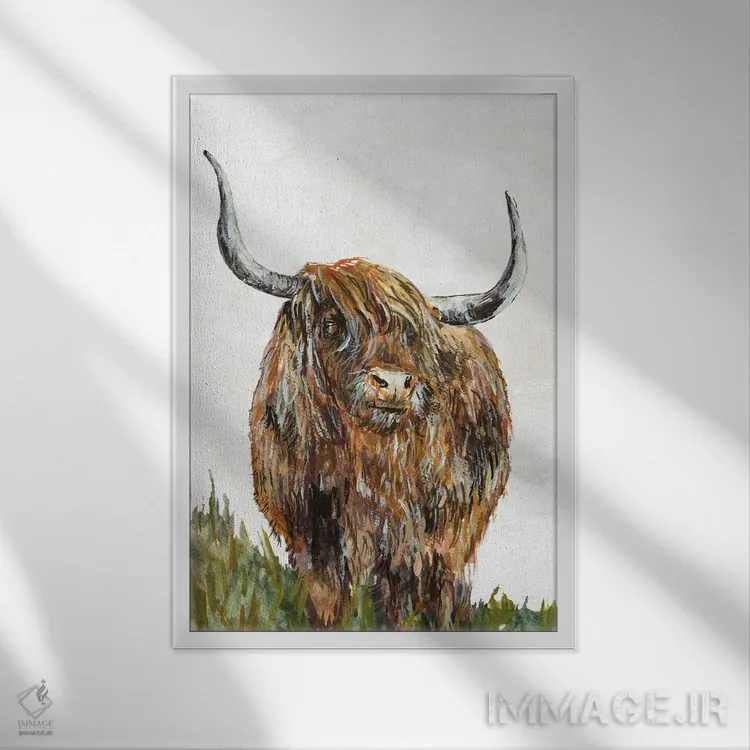 تابلو مدرن گاو قهوه ای مناطق مرتفع اثر جیکوب کیو - نمای قابدار سفید