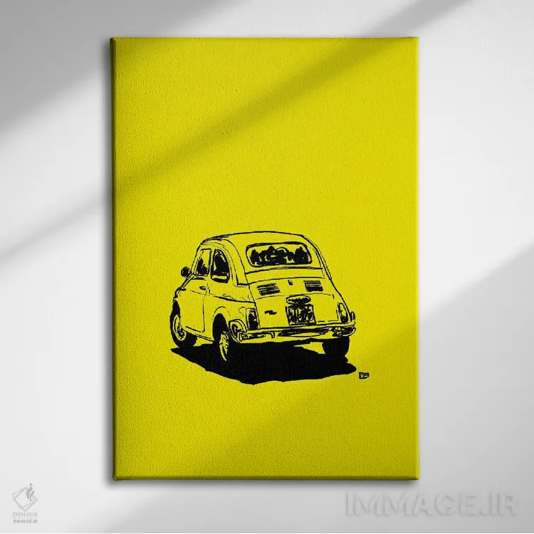 تابلو مینیمال فیات ۵۰۰ زردرنگ اثر جوزپه کریستیانو - نمای روبهرو روی دیوار