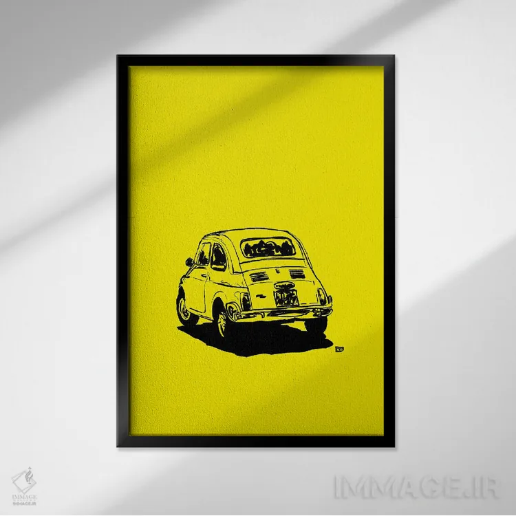 تابلو مینیمال فیات ۵۰۰ زردرنگ اثر جوزپه کریستیانو - نمای قابدار مشکی