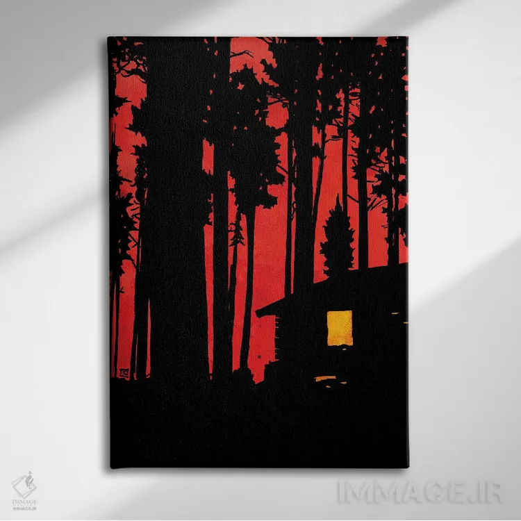 تابلو مینیمال کلبه در جنگل اثر جوزپه کریستیانو - نمای روبهرو روی دیوار