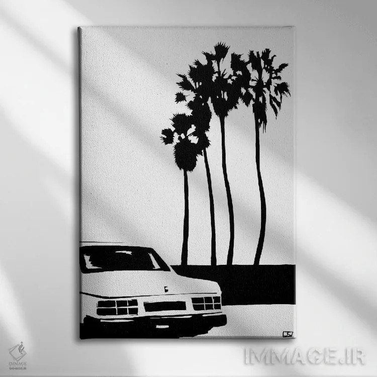 تابلو مینیمال ماشین و نخل ها اثر جوزپه کریستیانو - نمای روبهرو روی دیوار