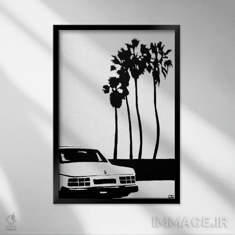 تابلو مینیمال ماشین و نخل ها اثر جوزپه کریستیانو - نمای قابدار مشکی