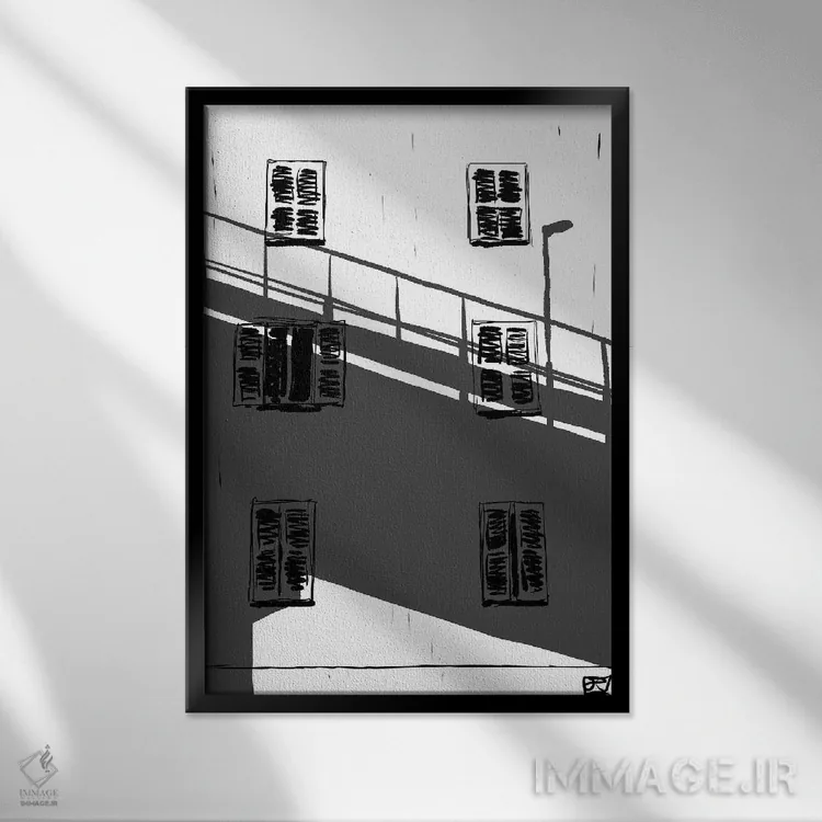 تابلو مینیمال سایه روی ساختمان اثر جوزپه کریستیانو - نمای قابدار مشکی
