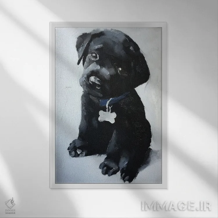 تابلو دکوراتیو توله سگ لابرادور سیاه اثر جیمز کوتز - نمای قابدار سفید