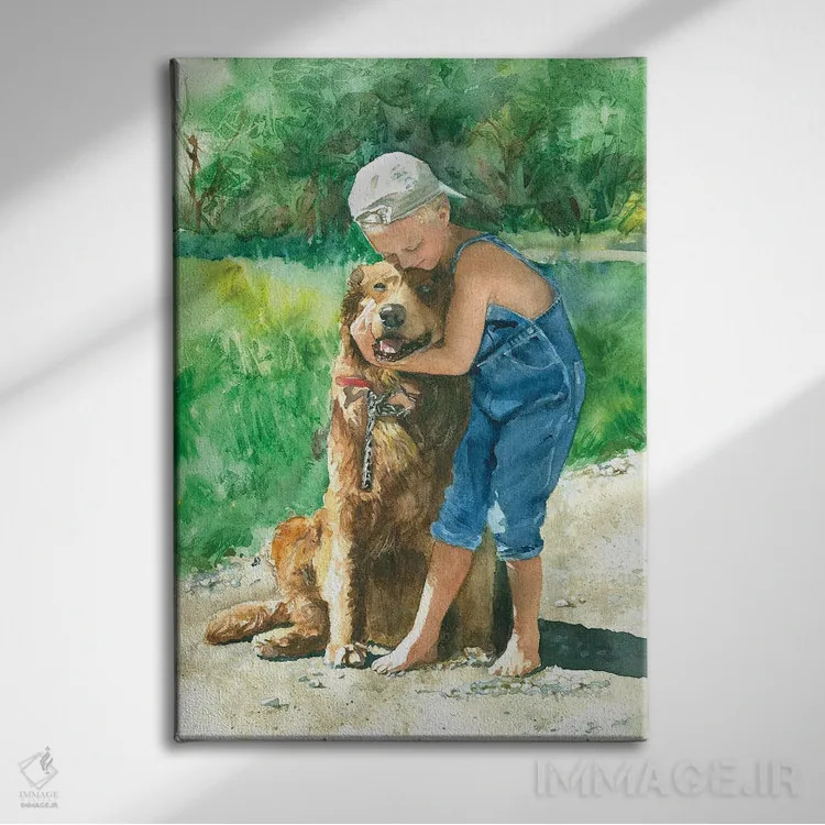 تابلو دکوراتیو بوسه خداحافظی پسر و سگ اثر جودیت استاین - نمای روبهرو روی دیوار