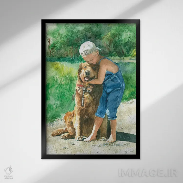 تابلو دکوراتیو بوسه خداحافظی پسر و سگ اثر جودیت استاین - نمای قابدار مشکی