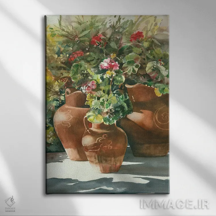 تابلو دکوراتیو گل ها در گلدان های سفالی اثر جودیت استاین - نمای روبهرو روی دیوار
