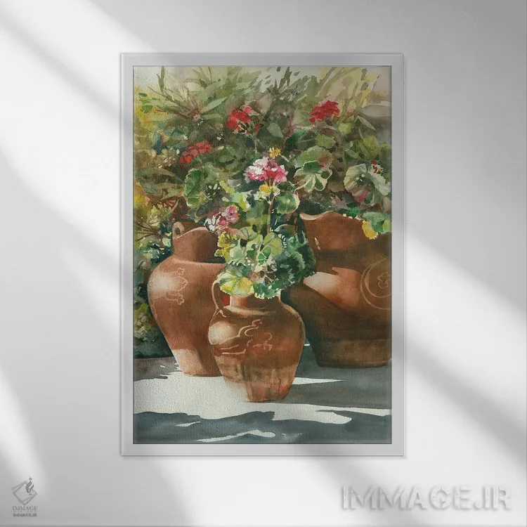 تابلو دکوراتیو گل ها در گلدان های سفالی اثر جودیت استاین - نمای قابدار سفید